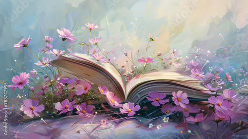 Open book with pink spring flowers as wallpaper background illustration, Open Book with Blooming Flowers