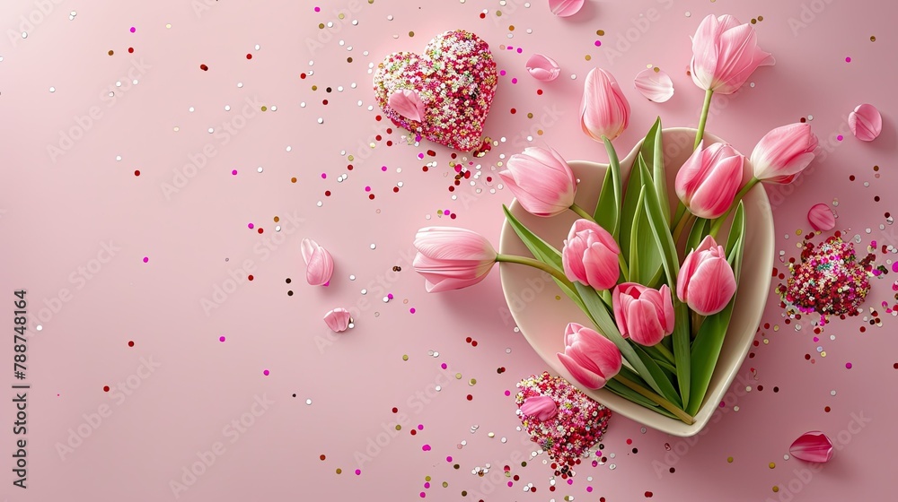 Celebrate Women s Day with a charming top down shot of pink tulips and a heart shaped saucer sprinkled with confetti on a soft pastel pink backdrop offering ample room for your message