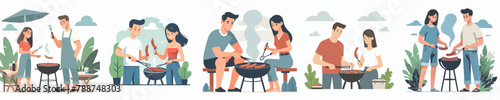 vector collection of happy couple grilling sausages