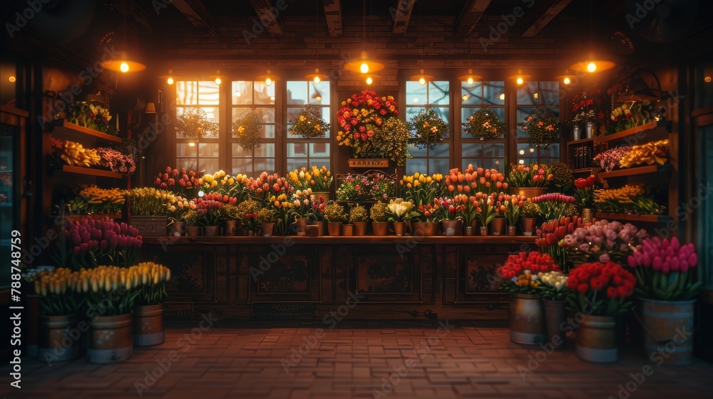   A flower shop teeming with numerous flowers and hanging baskets of blooms outside, framing a window laden with potted plants
