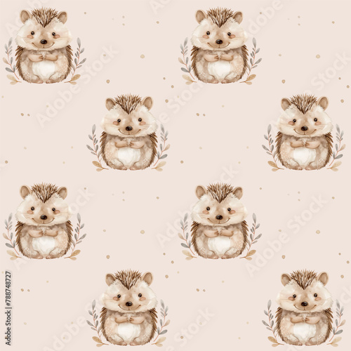 Cute hedgehog watercolor vector seamless pattern