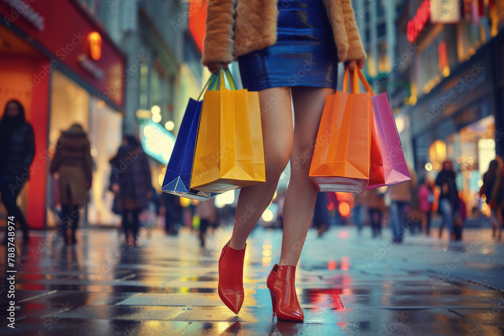 Person, walking and shopping bag at night on street for retail therapy, promotion and customer discount. Shoes, woman and shopper in Milan for holiday or vacation, purchase or sales in store Person, walking and shopping bag at night on street for retail therapy, promotion and customer discount. Shoes, woman and shopper in Milan for holiday or vacation, purchase or sales in store