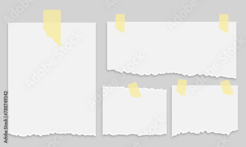 Set of vector scraps of paper with adhesive tape. A set of paper with torn edges glued to the background. Scraps of white paper, torn note paper. Vector EPS 10