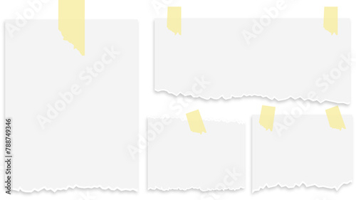 Set of vector scraps of paper with adhesive tape. A set of paper with torn edges glued to the background. Scraps of white paper, torn note paper. Vector EPS 10