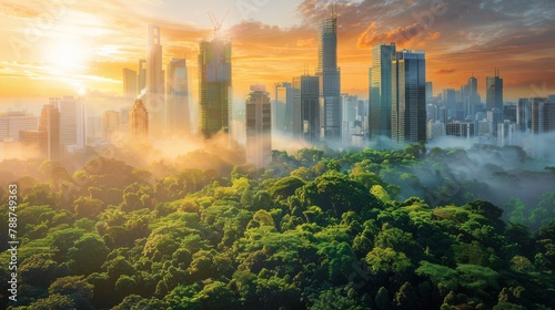 A city skyline is seen through a foggy forest