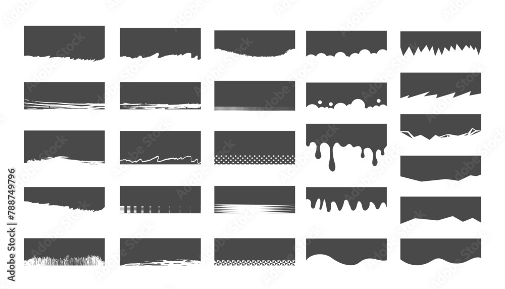 Set of separators, shapes for websites and mobile apps. Curves, lines, drops, waves, circles and triangular dividers for top or bottom page. Frame of header. Grunge shapes, corners
