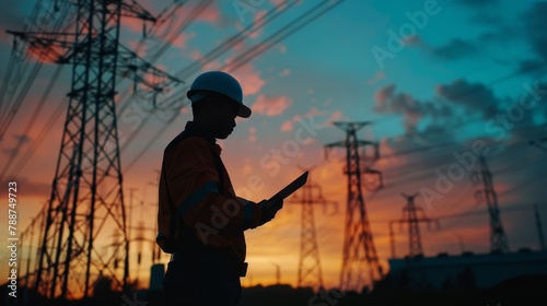 A man in a hard hat is looking at a tablet while standing near a power line