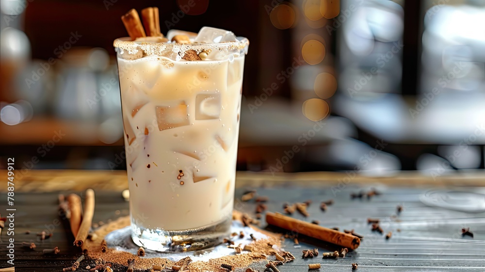 Delight in a refreshing glass of horchata served with ice and a sprinkle of cinnamon