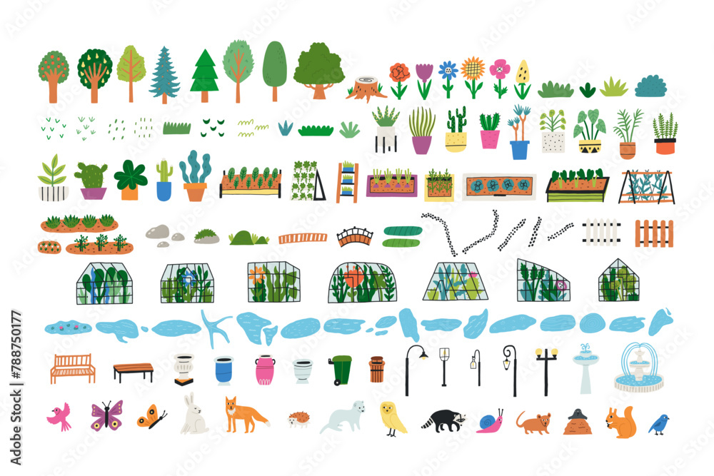 Big Set Hand Drawn Botanical Garden Elements. Greenhouse Nature Garden Beds and Park Vector Graphics