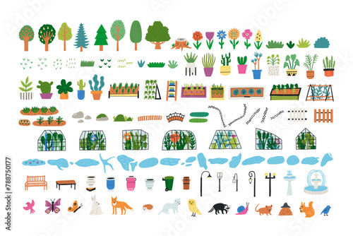 Big Set Hand Drawn Botanical Garden Elements. Greenhouse Nature Garden Beds and Park Vector Graphics