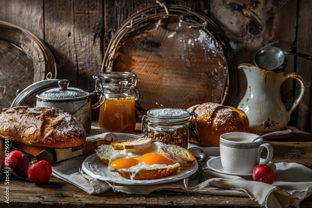 Nutritious breakfast on a wooden table in a cozy country house. Nutritious breakfast on a wooden table in a cozy country house.