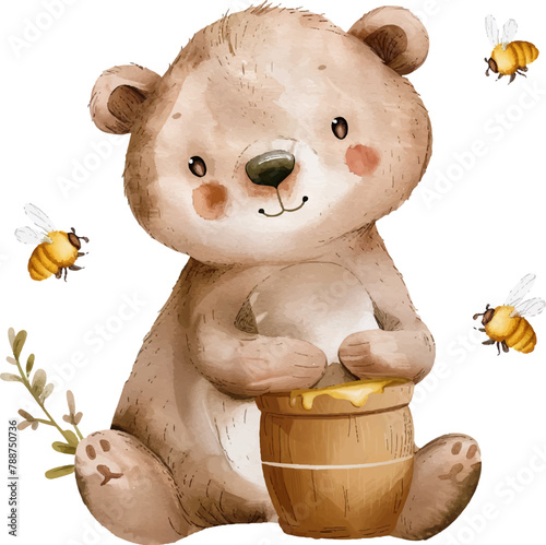 Bear with honey jar and bumlebees. Watercolor vector illustration