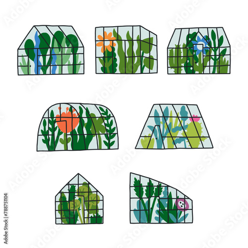 Set Hand Drawn Greenery Greenhouse. Botanical Vector Illustration