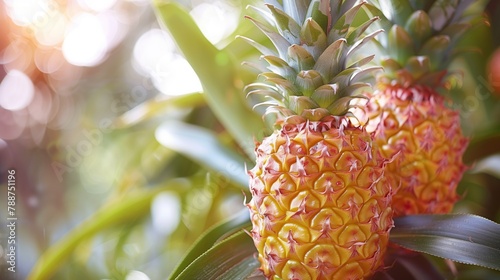 Two pineapples growing on Ananas comosus tree producing natural foods photo