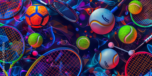 Colorful sports balls, rackets and ball suits on a dark background-AI generated image  © Sajid Jani