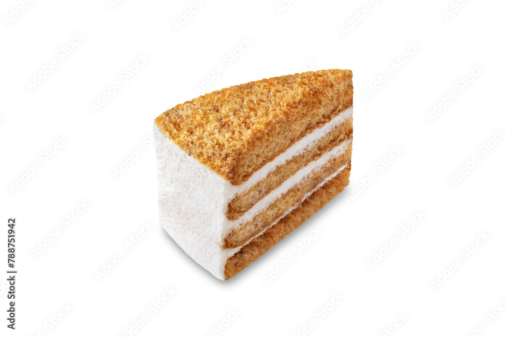 Honey cake slice on a white isolated background Honey cake slice on a white isolated background