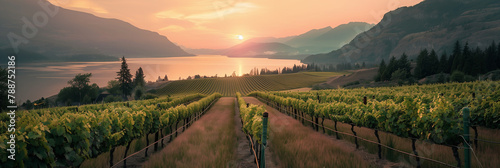 Panoramic View of Vineyard at Sunset with Lake and Mountains