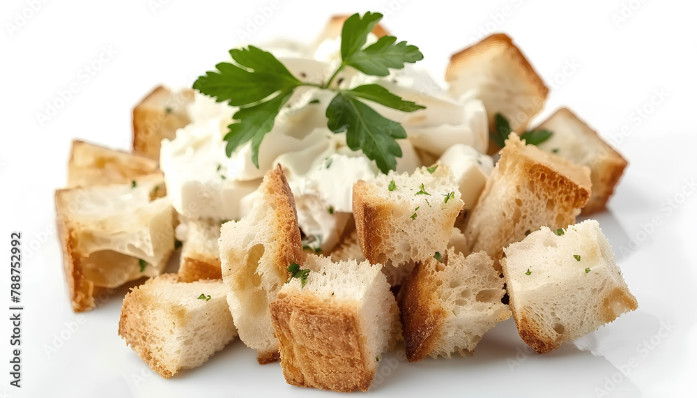 Tasty croutons with cream cheese on white background