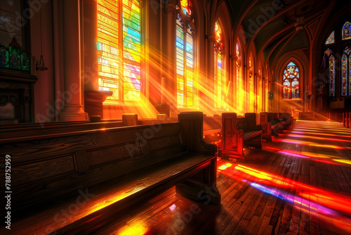 An enchanting photograph of the quiet beauty inside a church, with sunlight streaming through stained glass windows, casting a colorful, dreamy glow over the pews and altar.