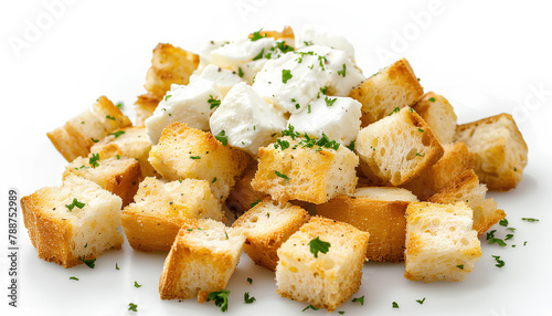 Tasty croutons with cream cheese on white background
