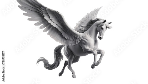A detailed 3D rendering of a white Pegasus with its wings spread wide.