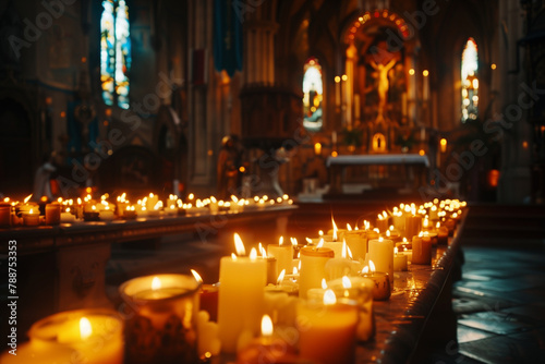 A heartwarming scene of candlelit prayer inside a church, with flickering flames casting a warm, dreamy ambiance that envelops worshippers in a sense of tranquility and spiritualit photo