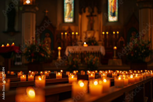 A heartwarming scene of candlelit prayer inside a church, with flickering flames casting a warm, dreamy ambiance that envelops worshippers in a sense of tranquility and spiritualit