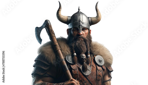 Viking warrior with horned helmet and fur cape
