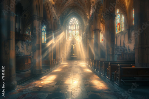 An evocative photograph capturing the timeless beauty of a church interior, with shafts of sunlight illuminating the space in a dreamy, otherworldly glow that invites contemplation