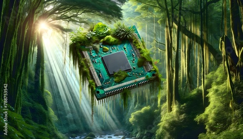 computer circuit board in a jungal around the circut board grass and trees  photo