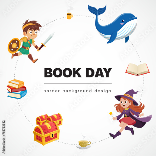 world book day children reading fantasy circle idea imagination knowleadge education happy cartoon white border background design