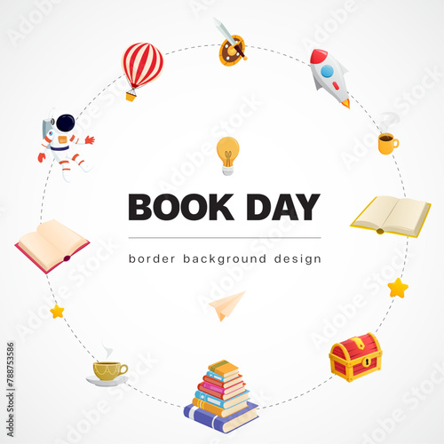 world book day children reading fantasy circle idea imagination knowleadge education happy cartoon white border background design