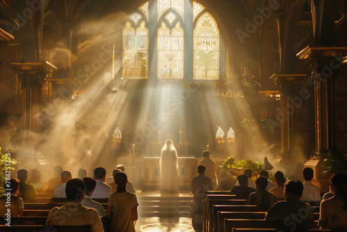 A poignant scene of a family gathered in prayer inside a church, surrounded by the quiet beauty of the sacred space and bathed in the soft, dreamy light that infuses the atmosphere