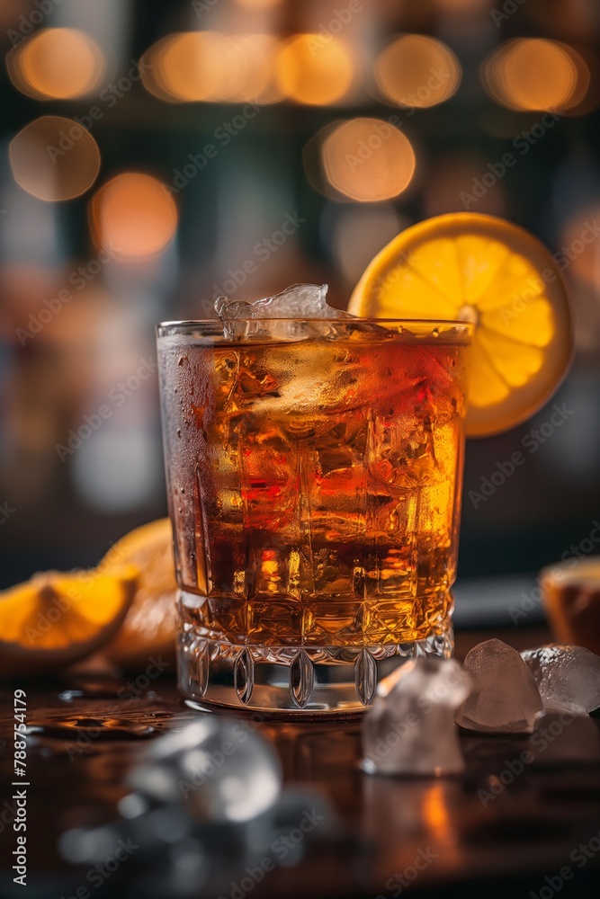 Negroni cocktail with an orange twist in a short glass at a bar Negroni cocktail with an orange twist in a short glass at a bar