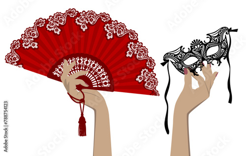 Female hands with a red open fan and a black decorative Venetian mask isolated on a white background. Flat design. Vector illustration