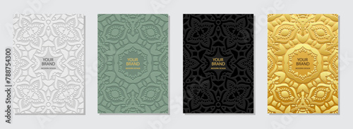 Set of vintage covers, vertical templates. A collection of relief, geometric backgrounds with ethnic exotic 3D patterns, with handmade ornaments. Boho motifs of the East, Asia, India, Mexico, Aztec