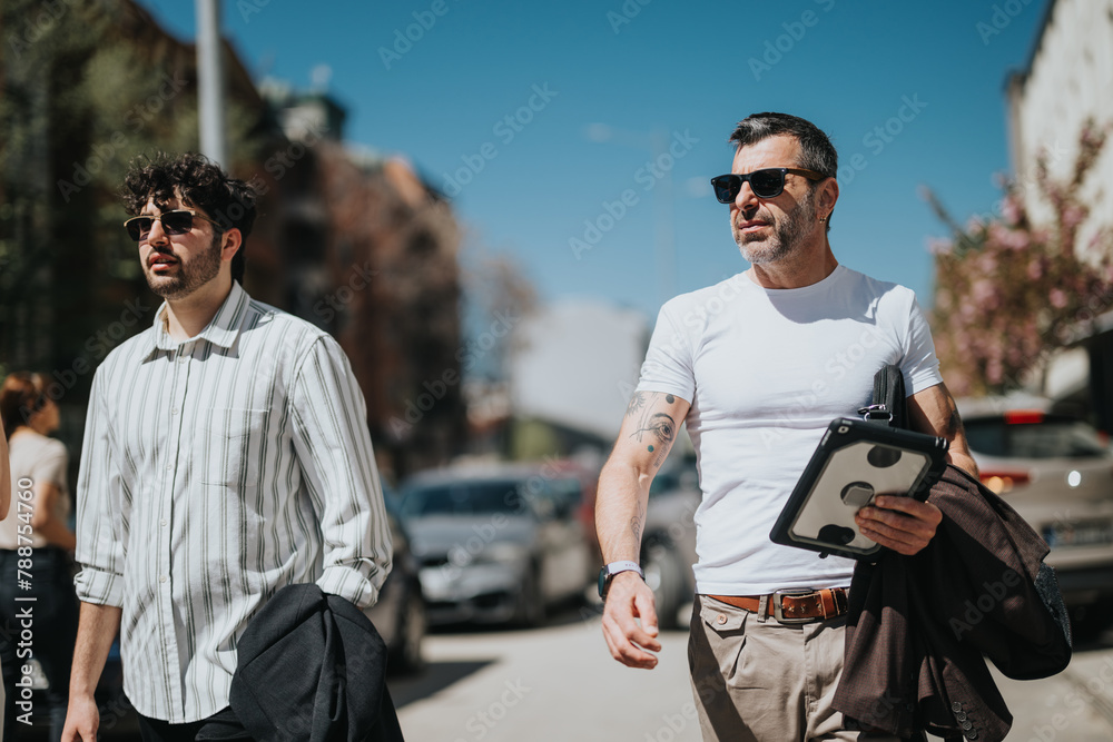 Two cross generational male professionals in casual business attire walking on a city street, engaged in a serious business discussion.