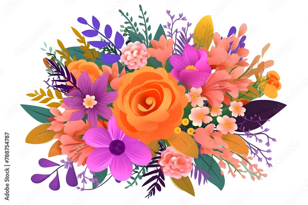Flowers illustration, botanical arrangement, festive floral bouquet, bright candy colors, isolated on transparent background. Happy mothers, valentines, womens day concept. PNG, cutout.