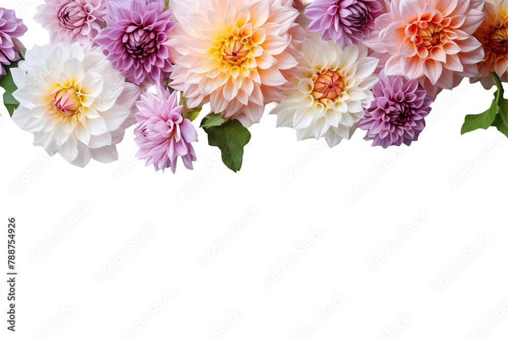 Dahlia flowers isolated on transparent background, Top view flat lay. Valentine's, womens, mothers day, birthday or wedding concept. PNG, cutout.