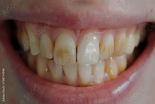 Close-up of a natural smile showing yellowed teeth in detail