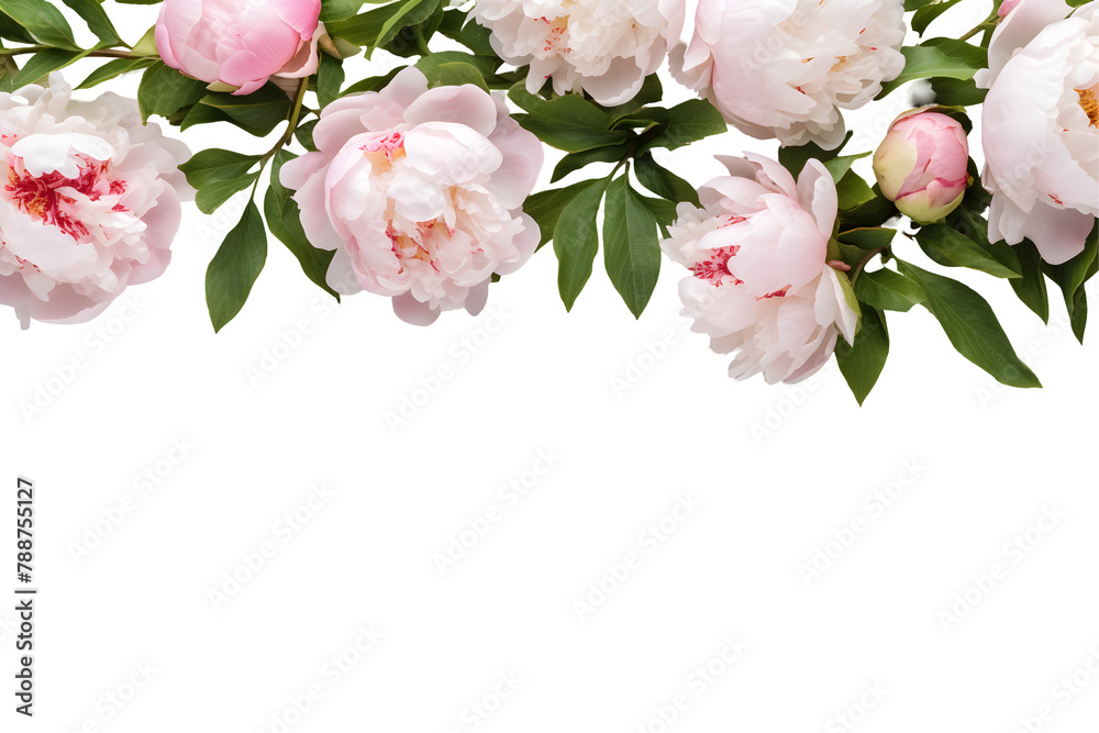 Fototapeta premium Peonies flowers isolated on transparent background, Top view flat lay. Valentine's, womens, mothers day, birthday or wedding concept. PNG, cutout.