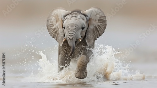 A baby elephant, a working animal, is playing in the water