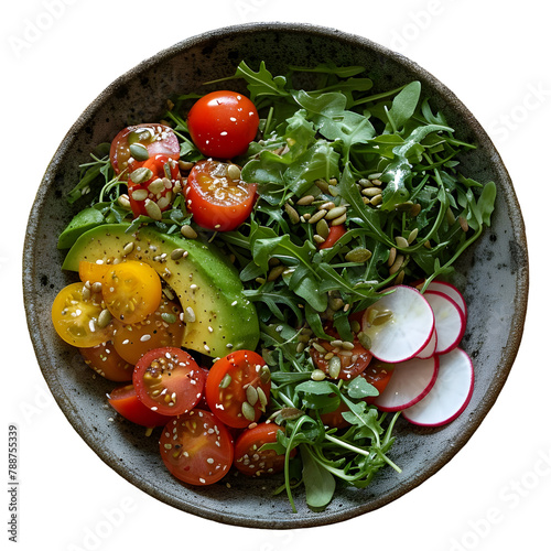 Fresh salad with cherry tomatoes, arugula, radish, avocado and spice, dressing or olive oil isolated on transparent background. Healthy and balanced food. PNG, cutout.
