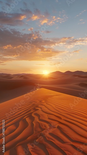 Detailed close-up of soft sand dunes at golden hour during sunset. Desert dunes in soft dark tones and warm ambient light.