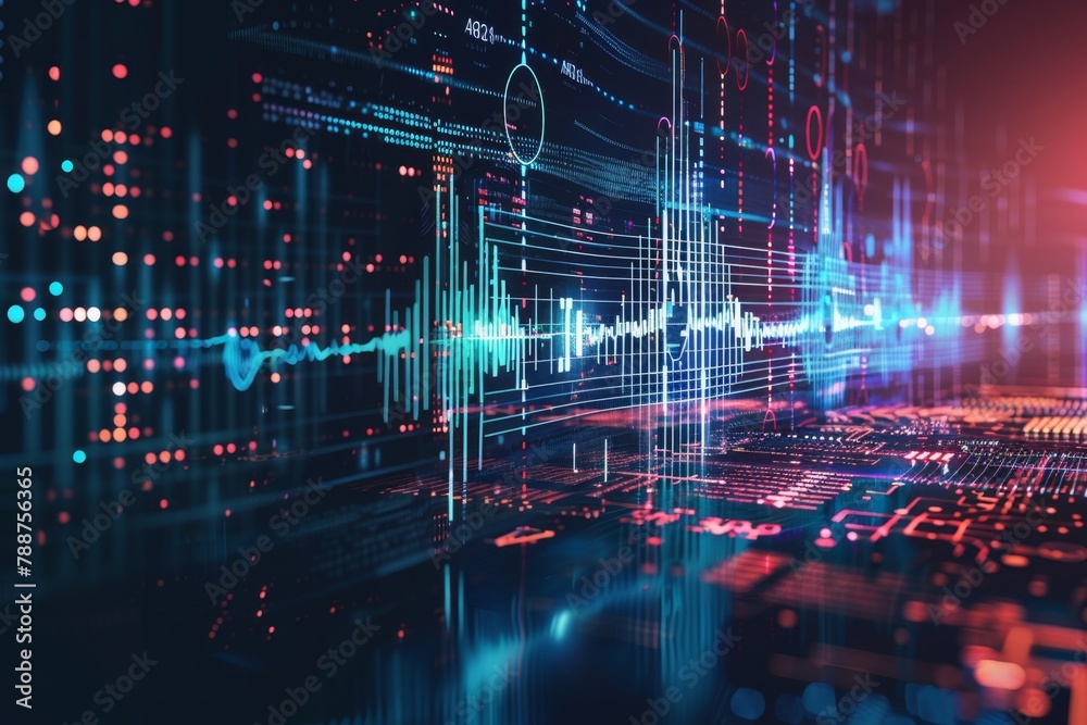 Digital sound wave with digital circuit background, technology and music concept Generative AI Digital sound wave with digital circuit background, technology and music concept Generative AI