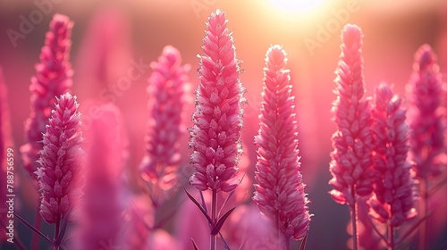 Field of pink woolflowers with the sun shining through photo