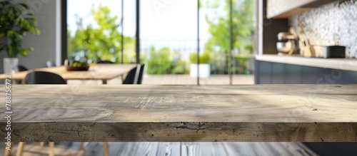 Product display kitchen table top with a modern interior background intentionally blurred.