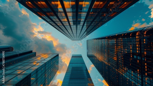 A view of a group of tall buildings looking up at the sky  AI