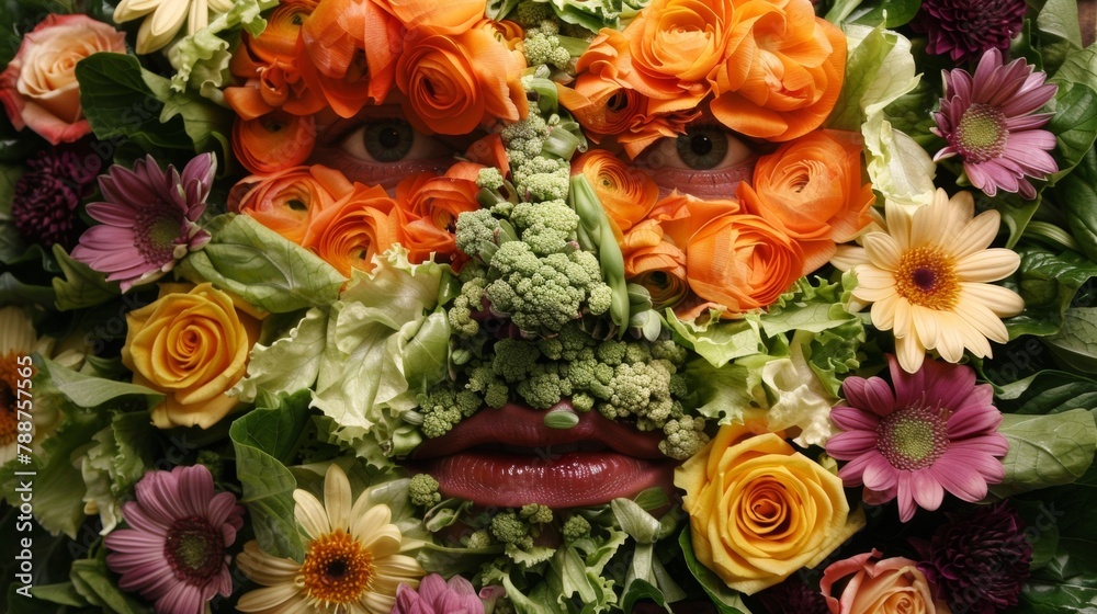 A face made of flowers and vegetables arranged in a circle, AI