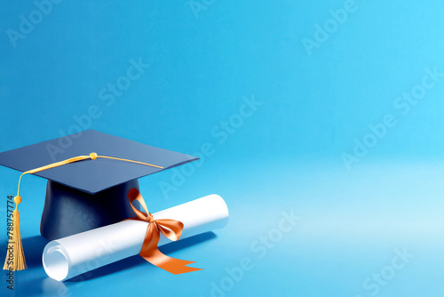 Graduationshut und Zeugnis vor blauen Hintergrund  © Sina Ettmer